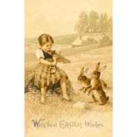 "With best Easter Wishes" young girl plays homemade fiddle for two rabbits in field. Postcard.