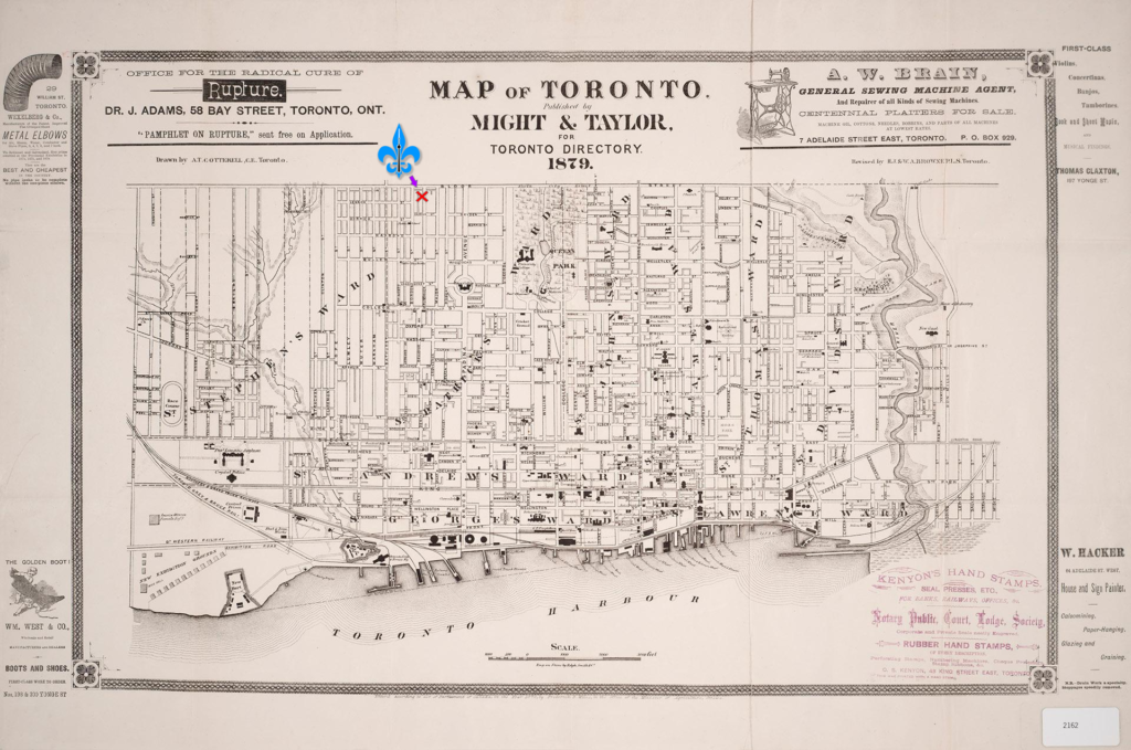 Might and Taylor 1879 map of Toronto with ToQueTrad location marked.