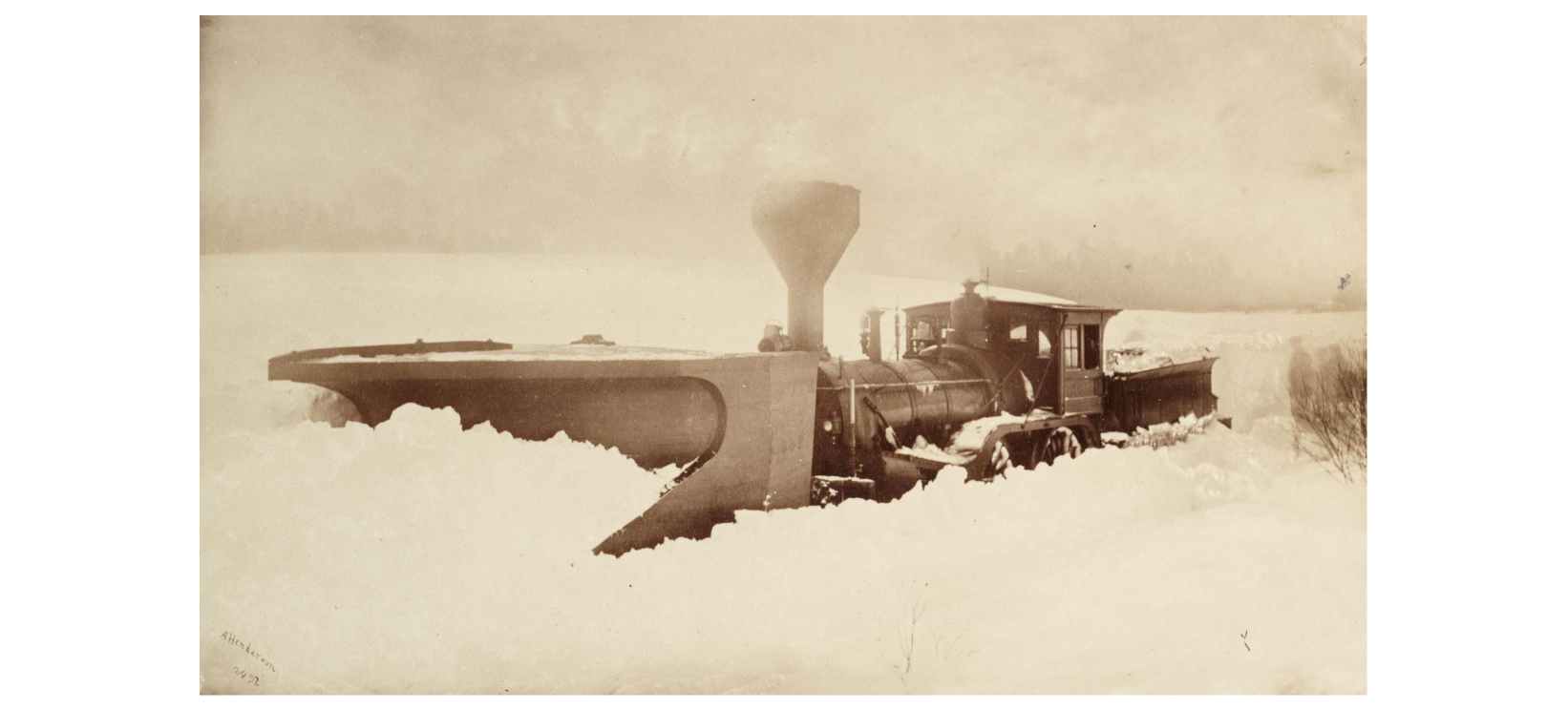 An albumen print of a Grand Trunk Railroad snow plough, St-Agapit, Quebec. February, 1869. Photo credit: Alexander Henderson. Photo from the Digital Archives of the Toronto Public Library.