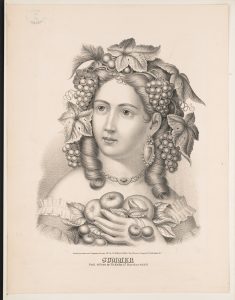 An engraving of Summer, depicted as a young woman surrounded by fruits and other seasonal bounty.