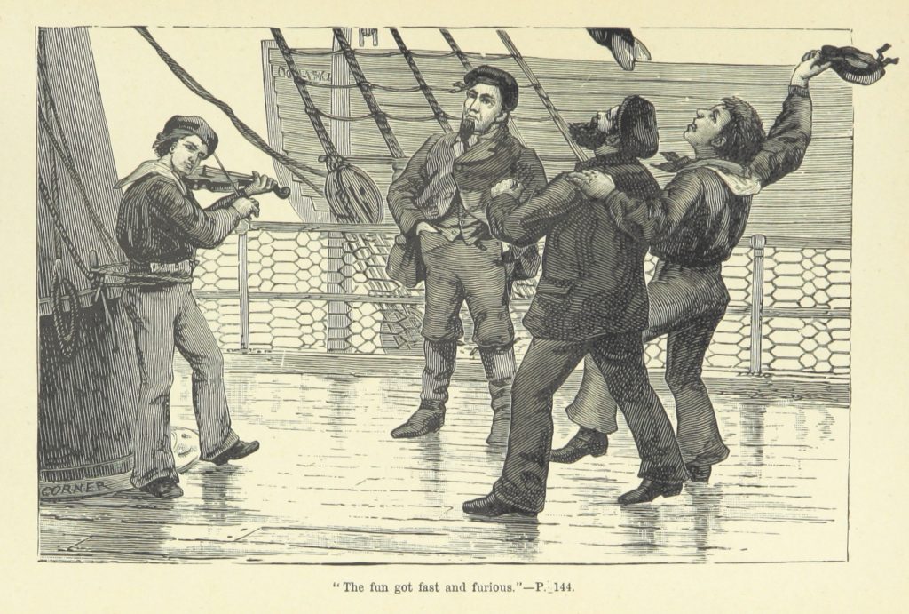A drawing of a fiddler with a rowdy audience on a tall ship. Caption reads "The fun got fast and furious, p. 144".